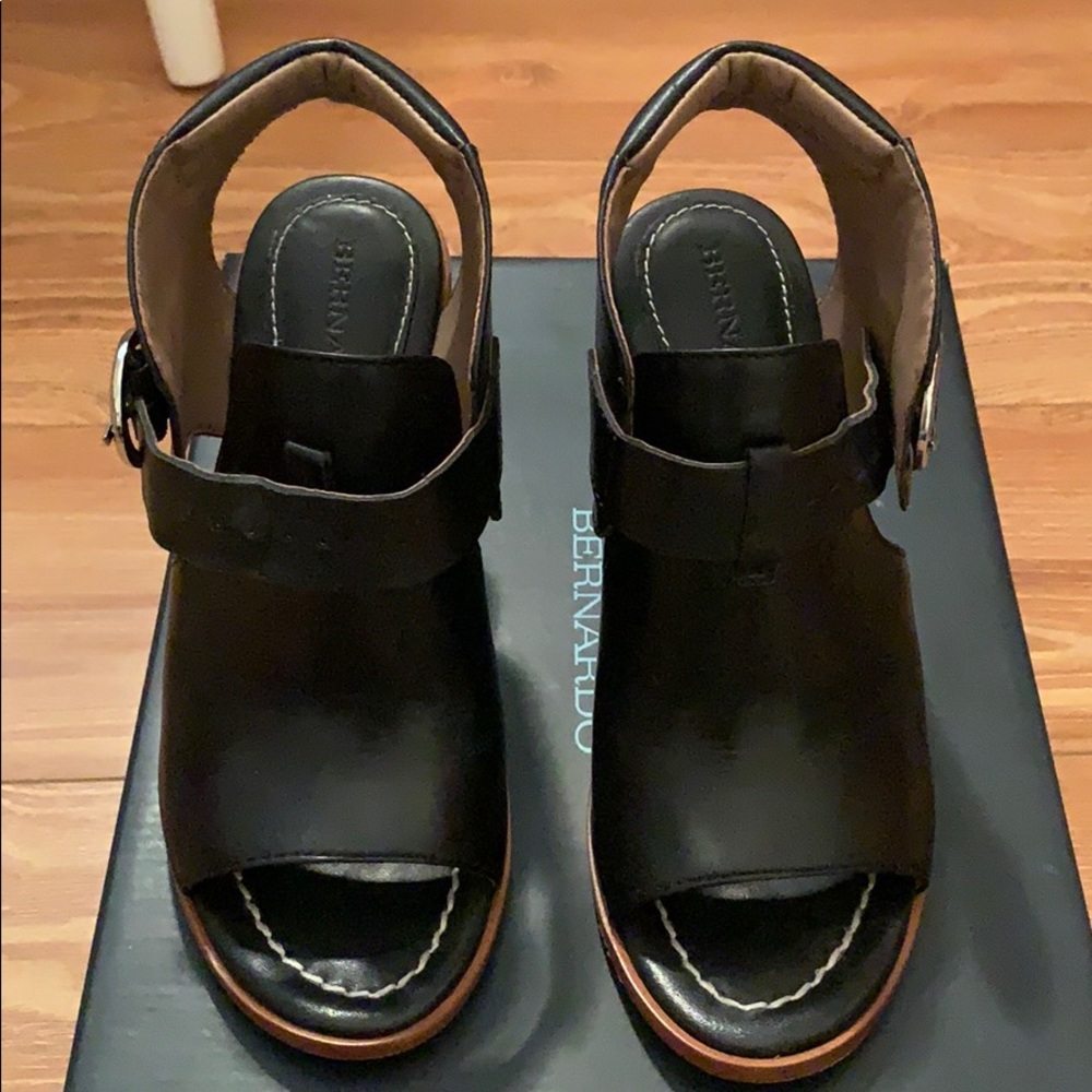 Black Glove Leather Open Toe Platforms by Bernardo